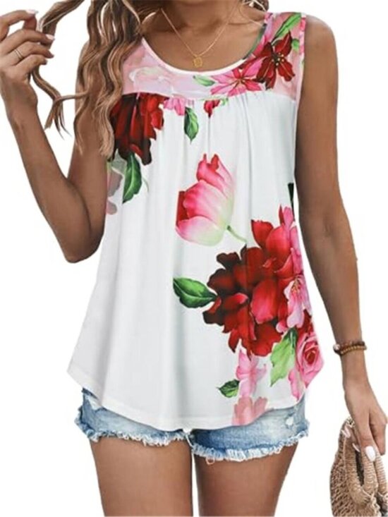 Tops - Womens Tank Top Crewneck Sleeveless Floral Tunic Shirt